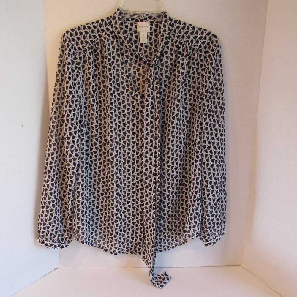 Chicos Black/White Geometric Sheer Lightweight Tie Neck Button LS Blouse Size 1